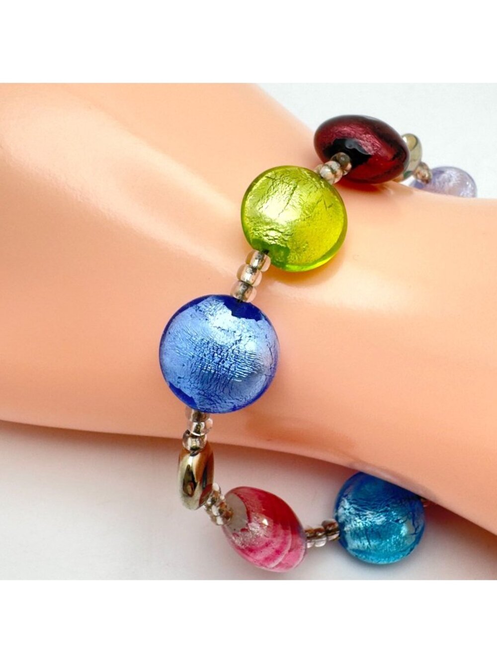 Vtg Venezia Multicolored Glass Bead Bracelet Adjustable 8.5" Lobster Clasp